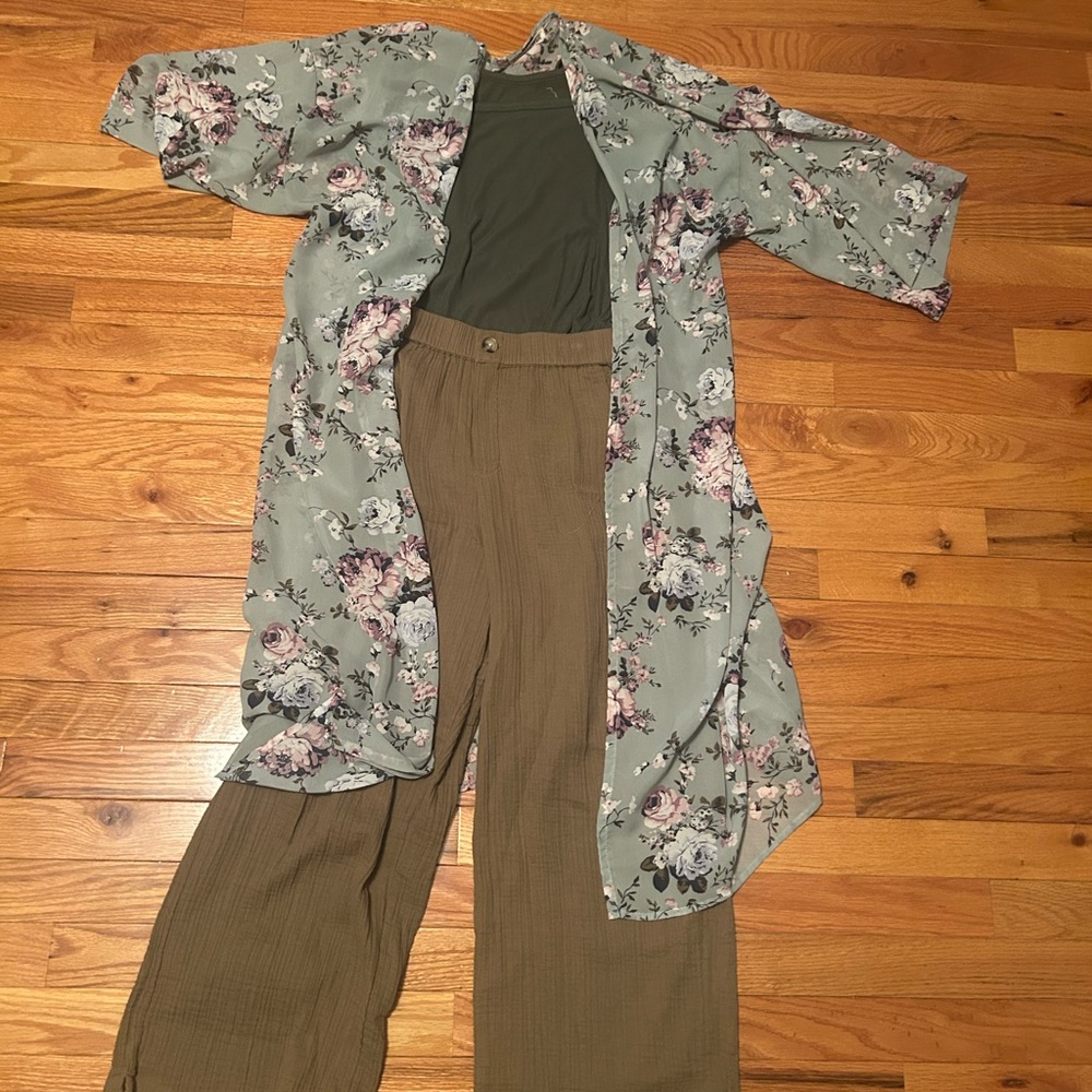 Floral Kimono with Olive Green Pants